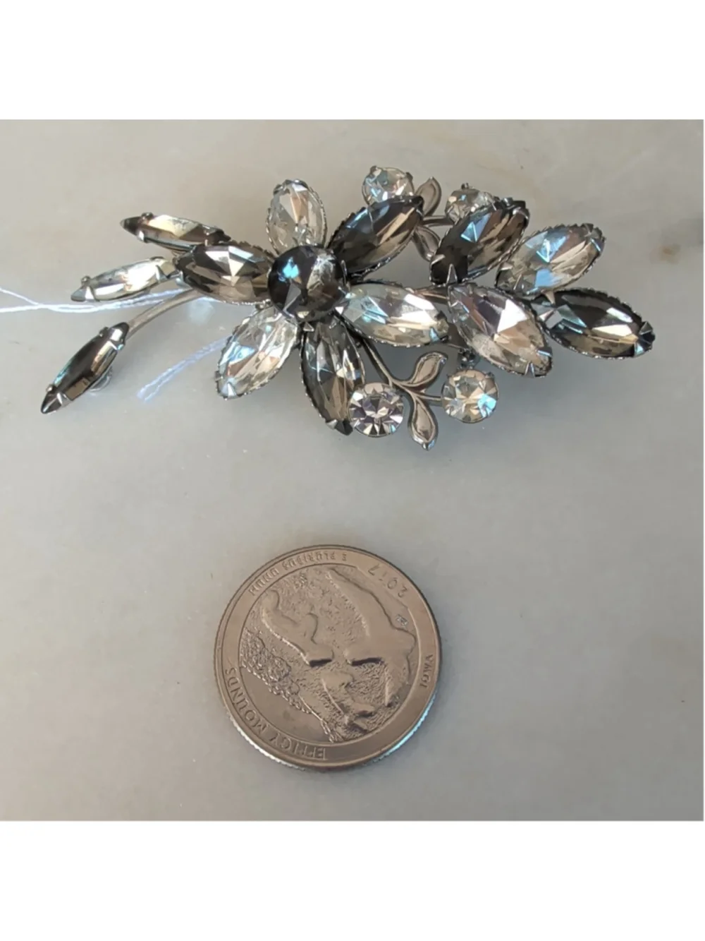 Vtg Smoky Marquise Flower Rhinestone Floral Brooch Pin Clear Glass Rivet Prong